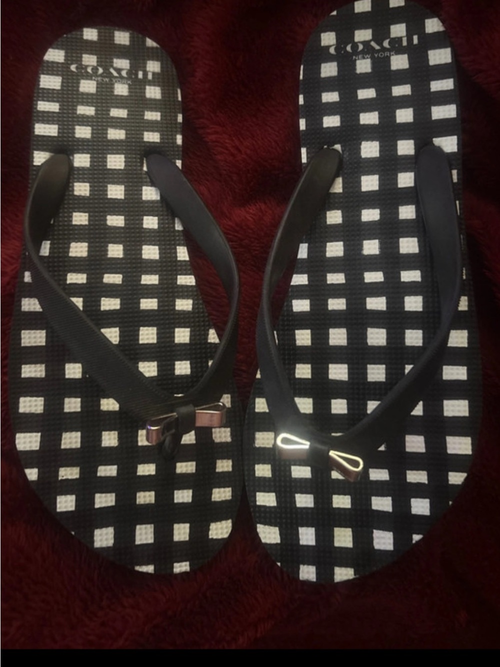 Coach Black & White Gingham Flip Flop Sandals with Bow Accent